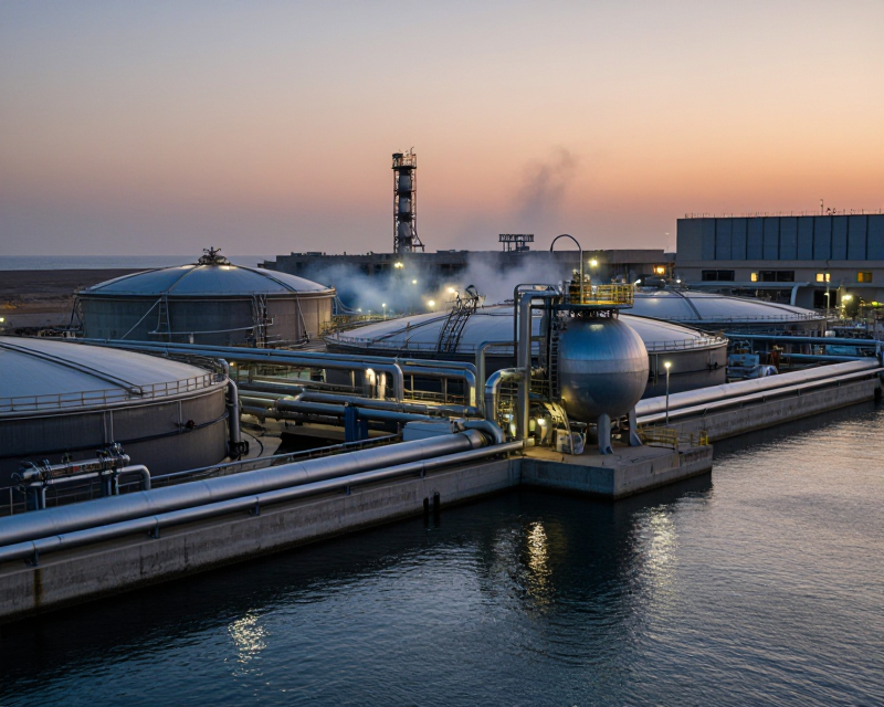Industrial Desalination Plant at Dusk