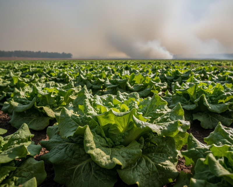 Atmospheric landscape with lettuce and smoke